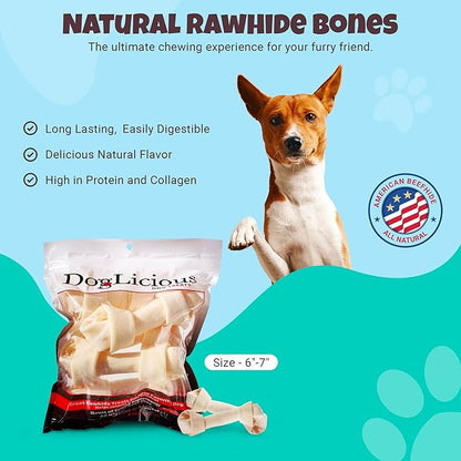 Natural Rawhide Bones for Dogs, Long Lasting Dog Chews, White Knotted Bones Chew Treats 6”-7” (Pack of 5) (50860)