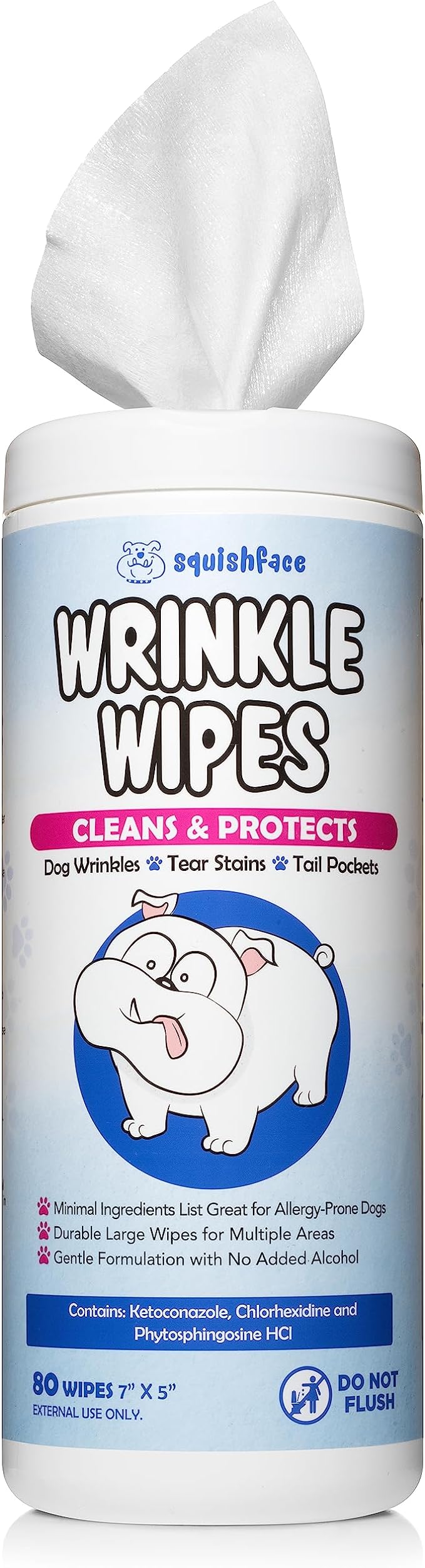 Squishface Wrinkle Wipes – 5”x7” Large Dog Wipes - Deodorizing, Tear Stain Remover – Great for English Bulldog, Pugs, Frenchie, Bulldogs, French Bulldogs & Any Breed! (80 Count)