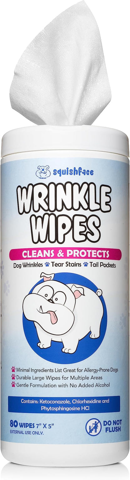 Squishface Wrinkle Wipes – 5”x7” Large Dog Wipes - Deodorizing, Tear Stain Remover – Great for English Bulldog, Pugs, Frenchie, Bulldogs, French Bulldogs & Any Breed! (80 Count)