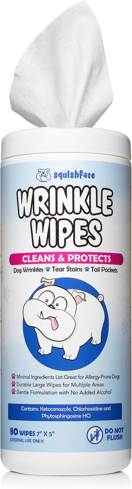 Squishface Wrinkle Wipes – 5”x7” Large Dog Wipes - Deodorizing, Tear Stain Remover – Great for English Bulldog, Pugs, Frenchie, Bulldogs, French Bulldogs & Any Breed! (80 Count)