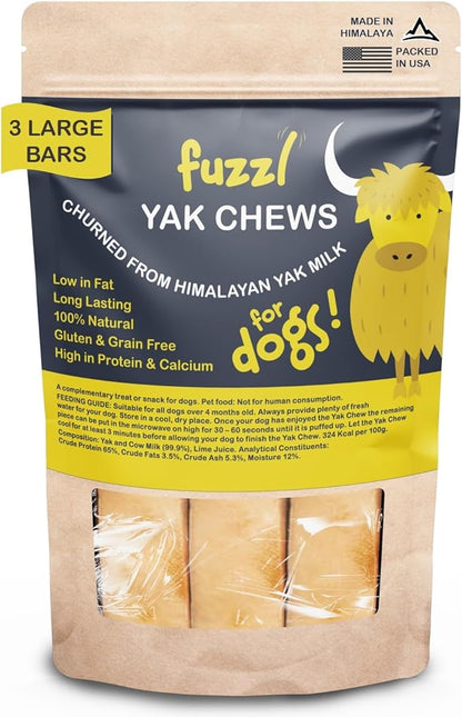 Premium Yak Cheese Himalayan Dog Chews - 3 Bars Large Natural Dog Treats Milkbone Yak Chews No Hide Dog Food Long Lasting Dog Dental Sticks Milk Chews Cheese Stick