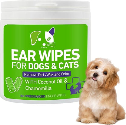 Pet Ear Wipes for Dogs and Cats - Dog Ear Cleaner Wipes, Cleaning and Deodorizing - Remove Debris & Wax, Improve Ear Itching, and Infections - 300 Finger Wipes (6 Packs)