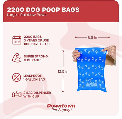 Downtown Pet Supply Dog Poop Bags (2200 CT - Rainbow Paw Print Bags & 2 Dispensers) Waste Bag Dispenser Clips to Dog Leashes Bags & Dog Harnesses- Poop Scoop Bags are Leak-Proof Bags & Unscented