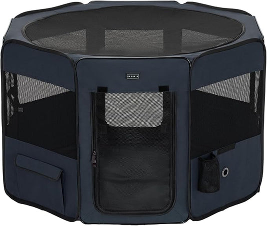 PETSFIT Dog Playpen, 36" Sturdy Pop Up Dog Kennel Foldable Dog Pen Indoor Outdoor Puppy Playpen for Medium Dogs Cats with Traveling Bag Zipper Sealed Removable Mesh Top Leakproof Bottom Mat Blue M