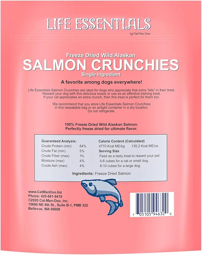 LIFE ESSENTIALS BY CAT-MAN-DOO All Natural Freeze Dried Wild Alaskan Salmon Crunchies Treats for Dogs - Single Ingredient Grain Free Snack with No Additives or Preservatives, 5 Ounce Bag