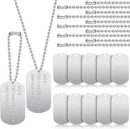 20 Pieces Military Dog Tags Set Including 10 Stainless Steel Army Blank Dog Tag 10 Steel Chain Personalized Pets Tags Oval Pendant Necklace for Stamping Engraving DIY Craft(Silver)