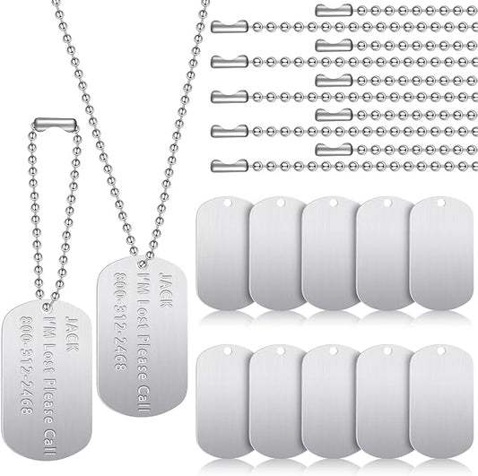 20 Pieces Military Dog Tags Set Including 10 Stainless Steel Army Blank Dog Tag 10 Steel Chain Personalized Pets Tags Oval Pendant Necklace for Stamping Engraving DIY Craft(Silver)