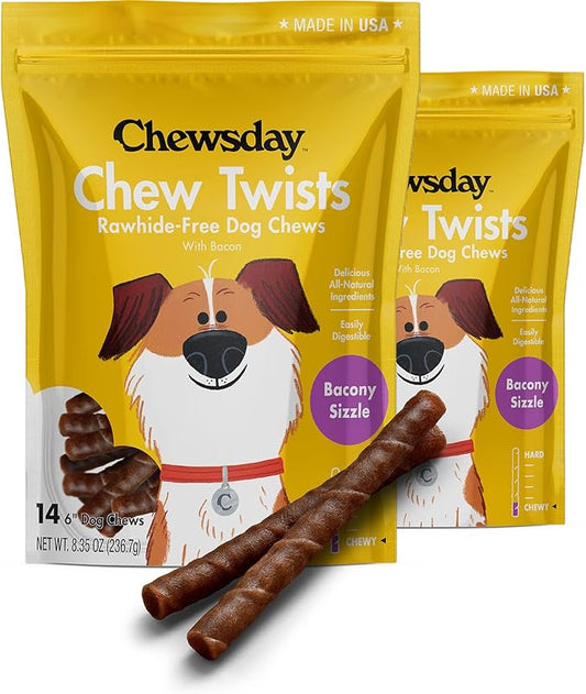 6-Inch Chewy Dog Chew Twists, Made in The USA, All Natural Rawhide-Free Highly-Digestible Treats, Bacony Sizzle - 28 Count