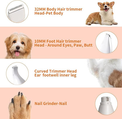 Dog Clippers Grooming Kit with Nail Grinder, 4-in-1 Low Noise Dog Clippers for Grooming, Cordless Dog Paw Trimmer, Washable Attachment Heads, Pet Hair Clippers for Small Dogs/Cats/Rabbit