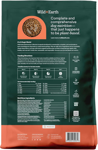 Wild Earth Vegan Dry Dog Food | Plant-Based Maintenance Formula | Vegetarian, Allergy Relief, Veterinarian-Developed for Complete Nutrition | Classic Roast Flavor, 12.5 Pound Bag