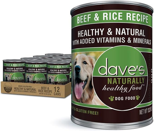 Dave's Pet Food Wet Dog Food (Beef & Rice), Made in USA Naturally Healthy Canned Dog Food, Added Vitamins & Minerals, Wheat & Gluten-Free, 13.2 oz Cans (Case of 12 pk)