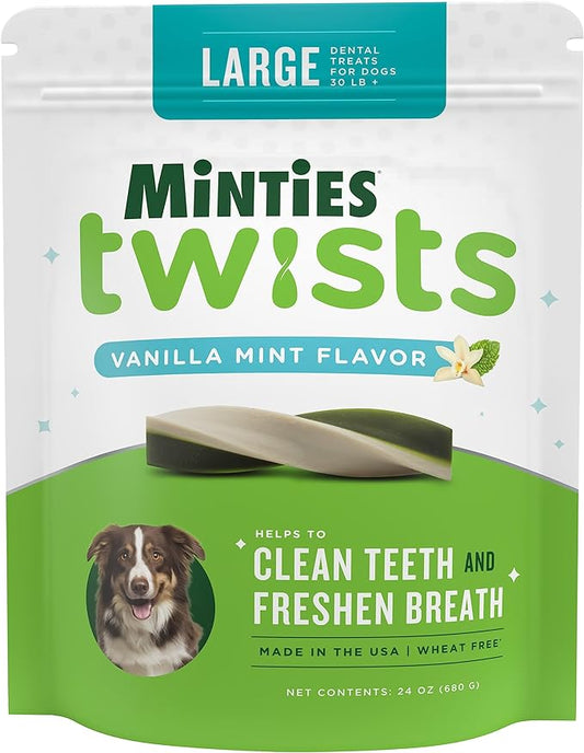 Minties Dental Twists for Dogs, Vet-Recommended Vanilla-Flavored Dental Chews for Medium/Large Dogs over 40 lbs, Dental Treats Clean Teeth, Fight Bad Breath, and Removes Plaque and Tartar, 24 oz