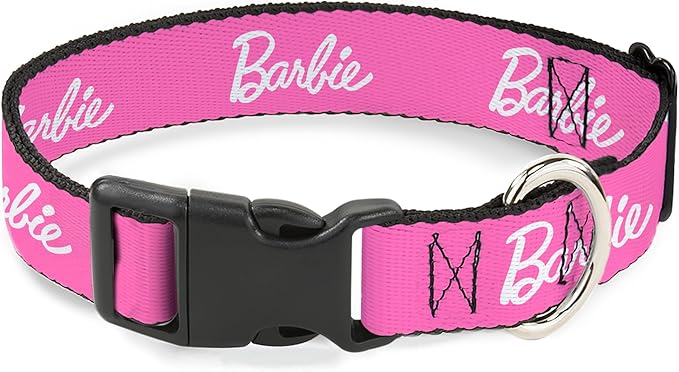 Mattel Dog Collar with Plastic Buckle, Quick Release, Easy Adjustable, Barbie Script Signature Logo Pink White, 9.5 to 14.5 Inches 0.5 Inch Wide
