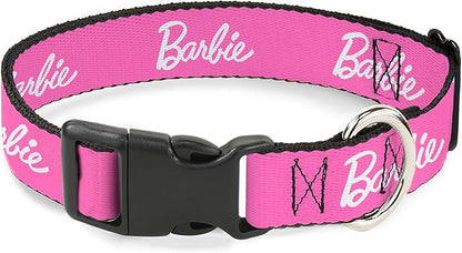 Mattel Dog Collar with Plastic Buckle, Quick Release, Easy Adjustable, Barbie Script Signature Logo Pink White, 9.5 to 14.5 Inches 0.5 Inch Wide