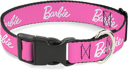 Mattel Dog Collar with Plastic Buckle, Quick Release, Easy Adjustable, Barbie Script Signature Logo Pink White, 9.5 to 14.5 Inches 0.5 Inch Wide
