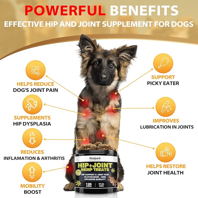Hemp Hip and Joint Supplement for Dogs - Glucosamine for dogs - Chondroitin, Hemp Oil, MSM & Turmeric - Support Joint Mobility, Joint Pain Relief, Hip Dysplasia, Arthritis Health Care - 120 Chews
