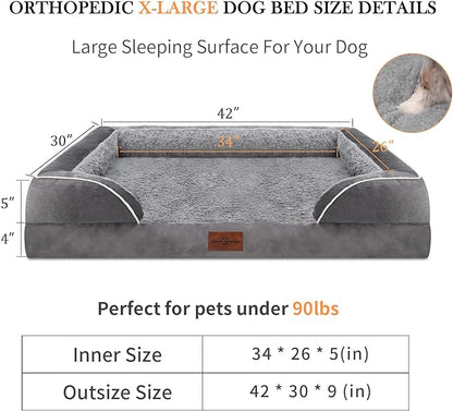 Waterproof Orthopedic Foam Dog Beds for Extra Large Dogs, XL Dog Bed with Bolster, Washable Dog Bed Sofa Pet Bed with Removable Cover & Non-Slip Bottom(X-large,Grey)