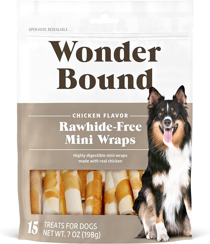 Amazon Brand - Wonder Bound Chicken Wrapped Mini Sticks - 15 Count - Rawhide-Free Dog Treats, Dental Health Chews for Plaque & Tartar Control, Easy to Digest, Long-Lasting, 7 ounce (Pack of 1)