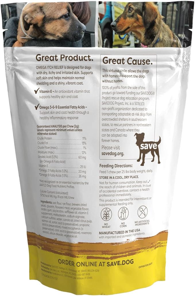 Omega Itch Relief for Dogs – Healthy Skin and Coat Supplement for Dogs with Vitamin E, Flax Oil and Salmon Oil for Dog Itch Relief - Dog Supplement with a Cause (70 Chews)