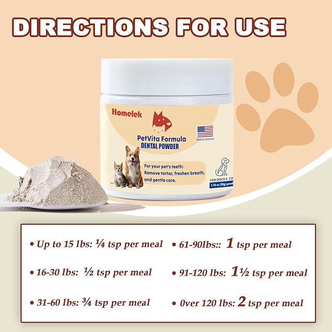 Dental Powder - Large Dog Breath Freshener, Teeth Cleaning, Solves Tartar & Bad Breath for Dog and Cat.