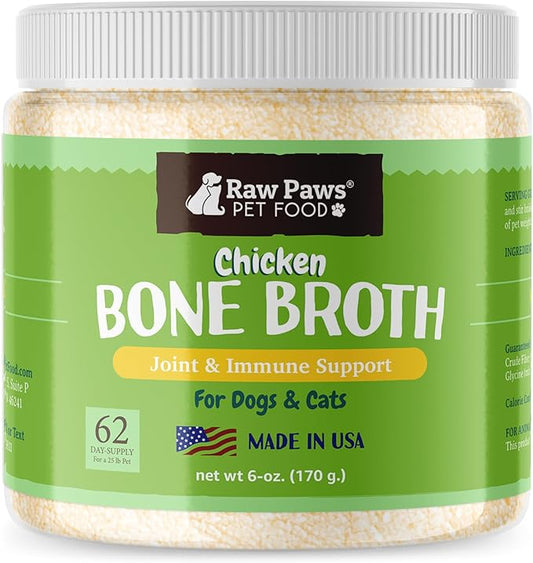 Raw Paws Chicken Bone Broth for Dogs & Cats, 6-oz - Made in USA - Dog Food Topper - Bone Broth Protein Powder for Dogs, Powdered Bone Broth for Dogs, Bone Broth for Cats, Dog Gravy Topper for Dry Food