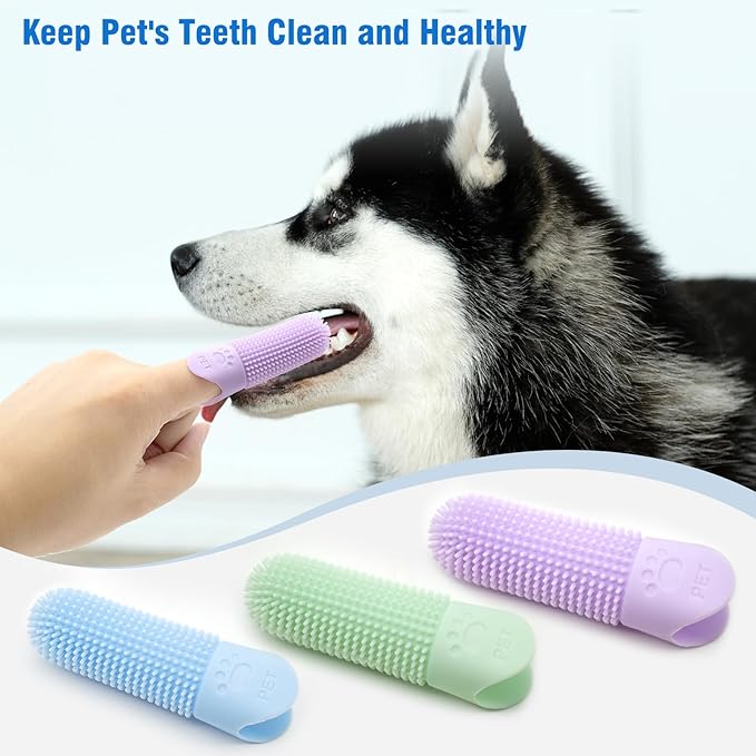 Dog Finger Toothbrush, 3Pack Dog and Cat Dental Care Pet Toothbrush, 360° Bristles Clean Teeth, Upgraded Full-length Bristles, Food Grade Silicone, Finger Toothbrush Kit for Pet Dental Care