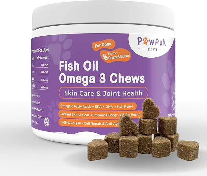 Omega 3 Salmon Fish Oil Chews for Dogs, Skin & Coat, Reduced Itching, Hip & Joint Mobility, Co-Q10, EPA, DHA, NMN (90 Soft Chews)