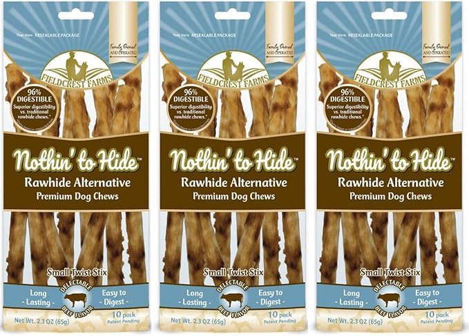 Fieldcrest Farms Nothing to Hide Natural Rawhide Alternative Twist Stix for Dogs - 3 Pack (30 Sticks) Premium Grade Easily Digestible Chews - Great for Dental Health (Beef, Stix)…