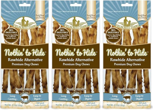 Fieldcrest Farms Nothing to Hide Natural Rawhide Alternative Twist Stix for Dogs - 3 Pack (30 Sticks) Premium Grade Easily Digestible Chews - Great for Dental Health (Beef, Stix)…