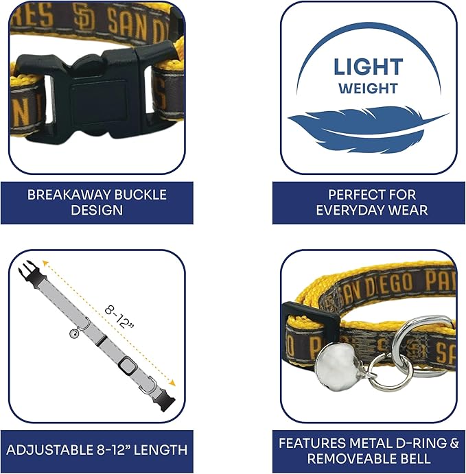 MLB CAT Collar San Diego Padres Satin Cat Collar Baseball Team Collar for Dogs & Cats. A Shiny & Colorful Cat Collar with Ringing Bell Pendant