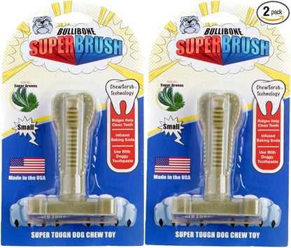 Bullibone SuperBrush: Dog Teeth Cleaning Brushing Toothbrush Stick - Long Lasting Nylon Super Greens Chew Toy for Oral Care and Dental Health