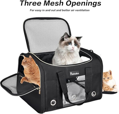 Petmolico Cat Carrier Dog Carrier, Airline Approved Soft Pet Travel Carrier with 3 Open Doors Mesh Windows for Cats Puppy 16 lbs, Black