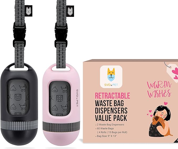SVD.PET [2-Pack] Retractable Waste Bag Dispensers Gift Set, 2 Pet Waste Bag Holders with 60 large Waste Bags, Dog Walking Accessory Gift Value Pack (Black & Primrose Pink)