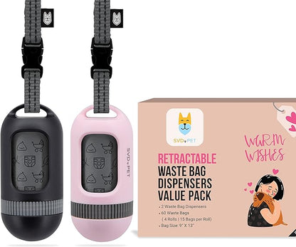 SVD.PET [2-Pack] Retractable Waste Bag Dispensers Gift Set, 2 Pet Waste Bag Holders with 60 large Waste Bags, Dog Walking Accessory Gift Value Pack (Black & Primrose Pink)