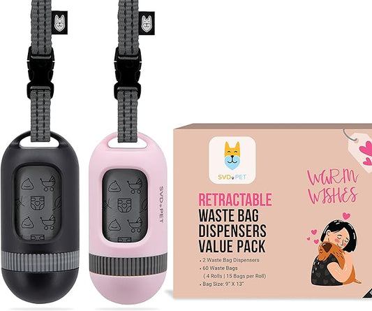 SVD.PET [2-Pack] Retractable Waste Bag Dispensers Gift Set, 2 Pet Waste Bag Holders with 60 large Waste Bags, Dog Walking Accessory Gift Value Pack (Black & Primrose Pink)