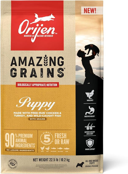 ORIJEN AMAZING GRAINS Puppy Dry Dog Food, High Protein Dog Food for Puppies, Fresh or Raw Ingredients, 22.5lb