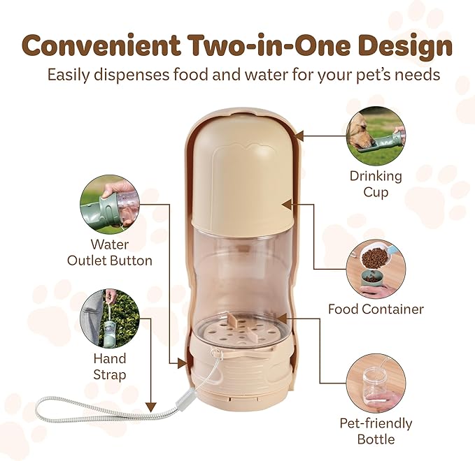 Portable Pet Food and Water Dispenser, 2 in 1 Cat & Small Dog Water Bottle & Food Container, Lightweight, BPA Free Pet Water Bottle Traveling Essentials for Walking & Hiking (Khaki, 13oz)