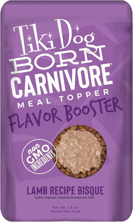 Tiki Dog Born Carnivore Flavor Booster, Lamb Recipe Bisque, Grain Free Meat Based Treat, Meal Topper for All Dog Breeds and All Life Stages, 1.5 oz, Pack of 12