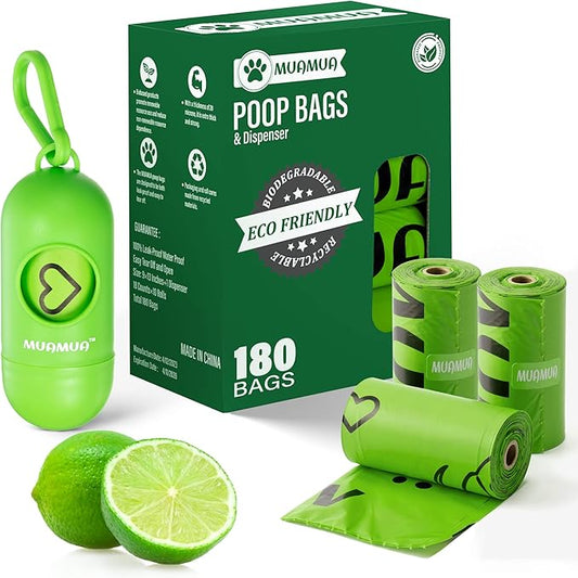 Dog Poop Bag, Biodegradable, 180 Count, 3.8 Liters, Lemon Scented, Extra Thick, Strong, Leak-proof, Waste Bags for Dogs