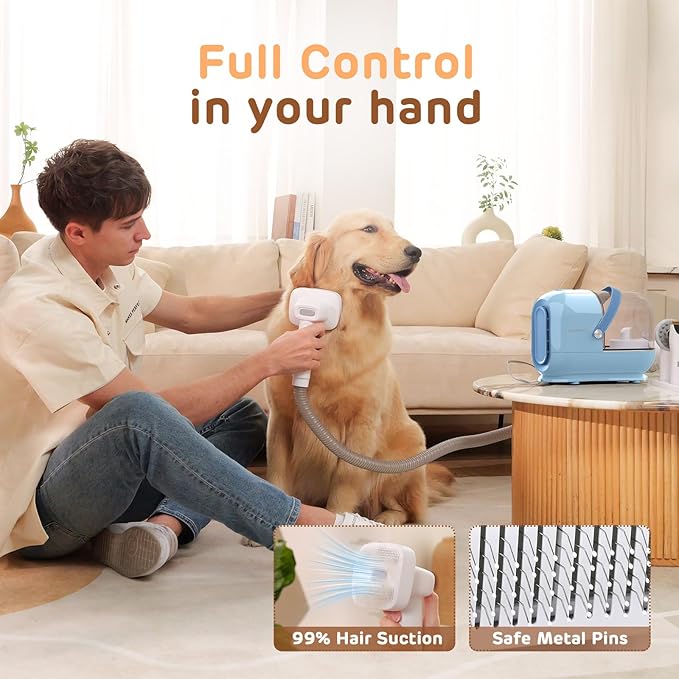 Dog Grooming Vacuum Kit, 3L Pet Grooming Vacuum with 7 Pet Grooming Tools, Dog Vacuum for Shedding Grooming at Home with Low Noise Electric Clipper and Brush, Blue