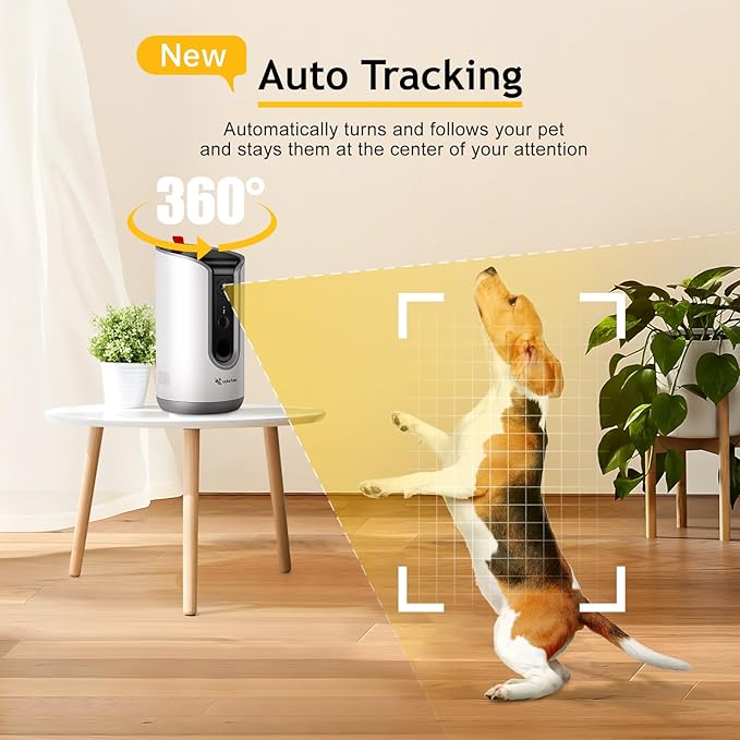 Pet Camera Dog Treat Dispenser: 2K Video Two Way Audio 360 Automatic Tracking for Cat Dogs - 5g WiFi Remote View and Bark Alert on Phone App Compatible with Alexa & Google Assistant
