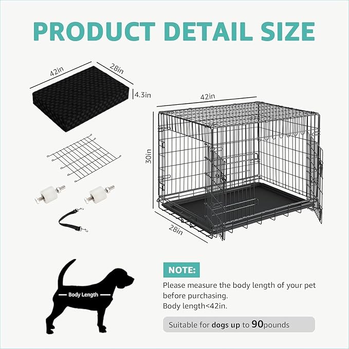 42 Inch Dog Crate with Divider - XL Dog Kennel Extra Large Cage with Wheels and Topper Double Door Big Collapsible Dog Crates for XLarge Dogs Indoor Metal Wire X Large Pet Cages
