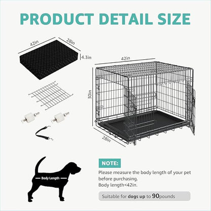 42 Inch Dog Crate with Divider - XL Dog Kennel Extra Large Cage with Wheels and Topper Double Door Big Collapsible Dog Crates for XLarge Dogs Indoor Metal Wire X Large Pet Cages