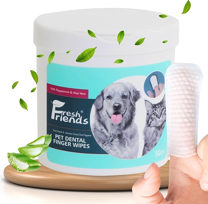 FRESH FRIENDS Best Dog Dental Care Finger Wipes - Reduces Plaque & Freshens Breath - Dental Wipes for Dogs Teeth Cleaning - Dog Dental Wipes - Dog Tooth Wipes - 50 Count - Peppermint & Aloe Vera