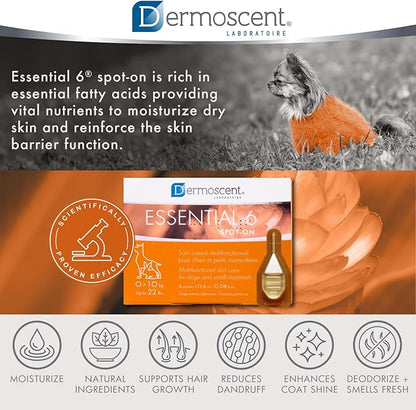Dermoscent Essential 6 spot-on - Dog Skin Care for Dandruff & Allergy Relief with Vitamin E Oil - Anti Itch for Dogs - Dog & Small Mammals 0-10 kg - 4 Pipettes of 0.6 ml