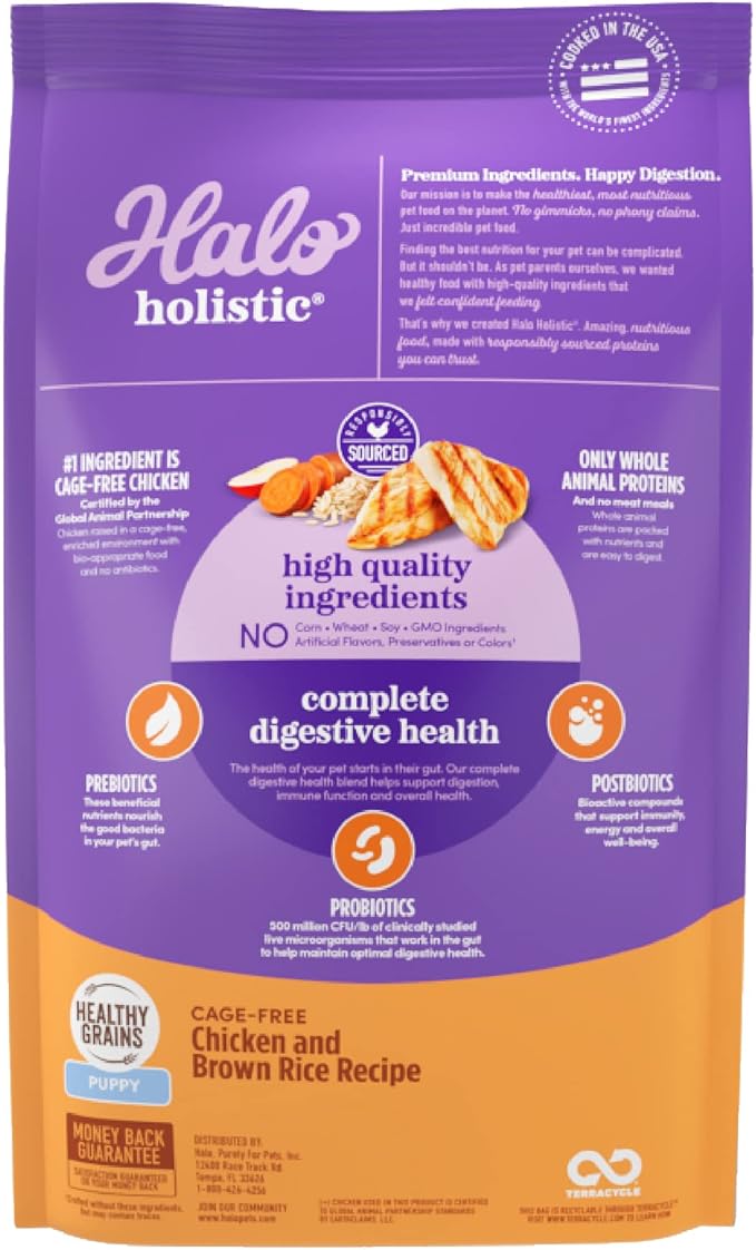 Halo Purely for Pets Holistic Dog Food, Complete Digestive Health Cage-Free Chicken and Brown Rice Recipe, Dry Dog Food Bag, Puppy Formula, 3.5-lb Bag