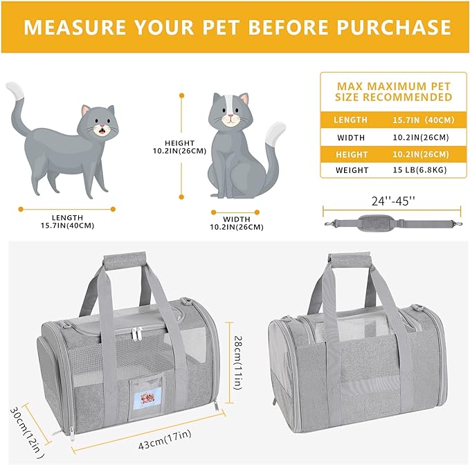 Pet Carrier Airline/TSA Approved Small Dogs, Kitten, Carriers for Small Medium Cats Under 15lb, Collapsible Soft Sided Cat Travel Carrier-Grey