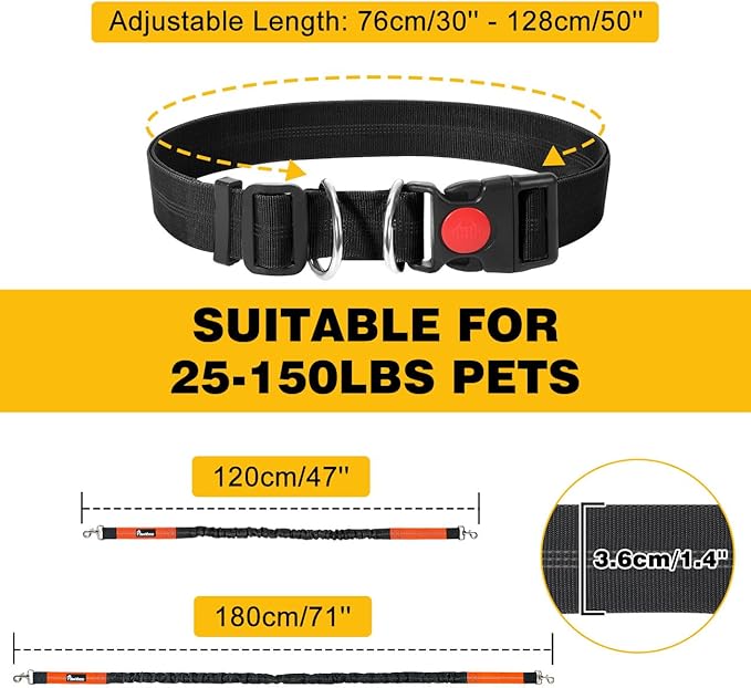 Pawaboo Hands-Free Dog Leash with Waist Belt, Elastic Dog Waist Leash with Wider Belt, Reflective Dog Running Belt Absorbing Shock, Durable Padded Handle Bungee Leash for Dogs (25-150 lbs, Black)