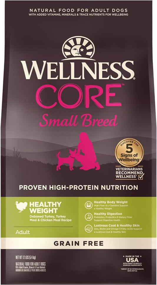 Wellness Natural Pet Food CORE Grain-Free High-Protein Small Breed Dry Dog Food, Natural Ingredients, Made in USA with Real Meat (Adult, Healthy Weight, 12-Pound Bag)