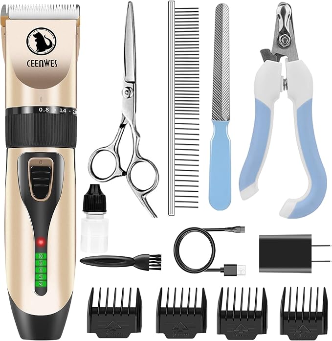 Power Display Dog Clippers Cordless Dog Grooming Kit Professional Horse Clippers Detachable Blade with 4 Comb Guides, Low Noise Pet Clippers Rechargeable Pet Grooming Tools for Dogs Cats Pets